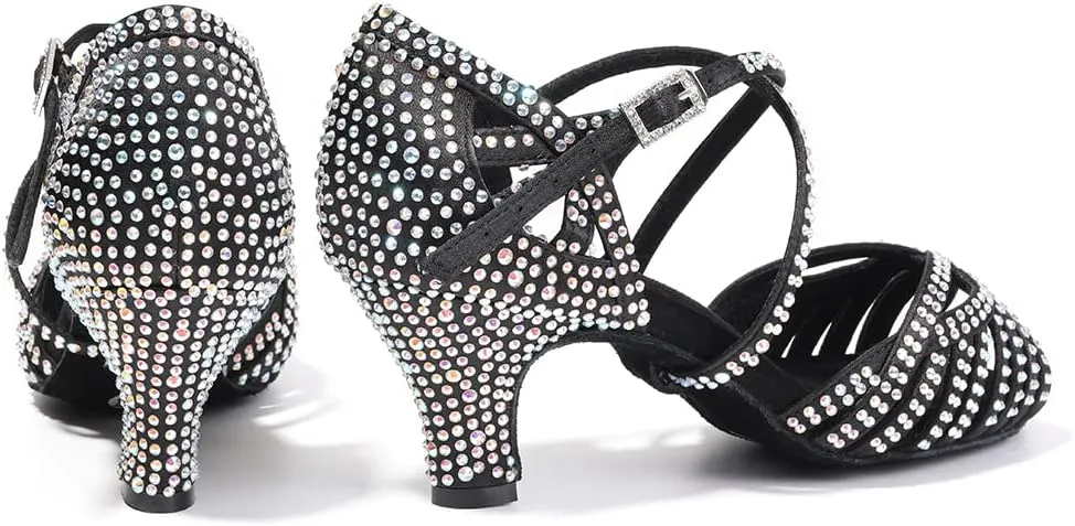 HIPPOSEUS Women Rhinestone Ballroom Dance Shoes Open Toe Latin Salsa Performance Dance Shoes