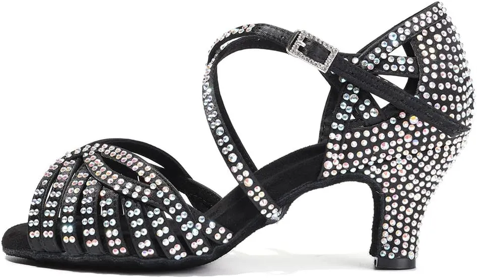 HIPPOSEUS Women Rhinestone Ballroom Dance Shoes Open Toe Latin Salsa Performance Dance Shoes