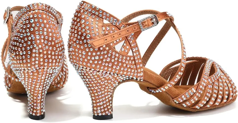 HIPPOSEUS Women Rhinestone Ballroom Dance Shoes Open Toe Latin Salsa Performance Dance Shoes