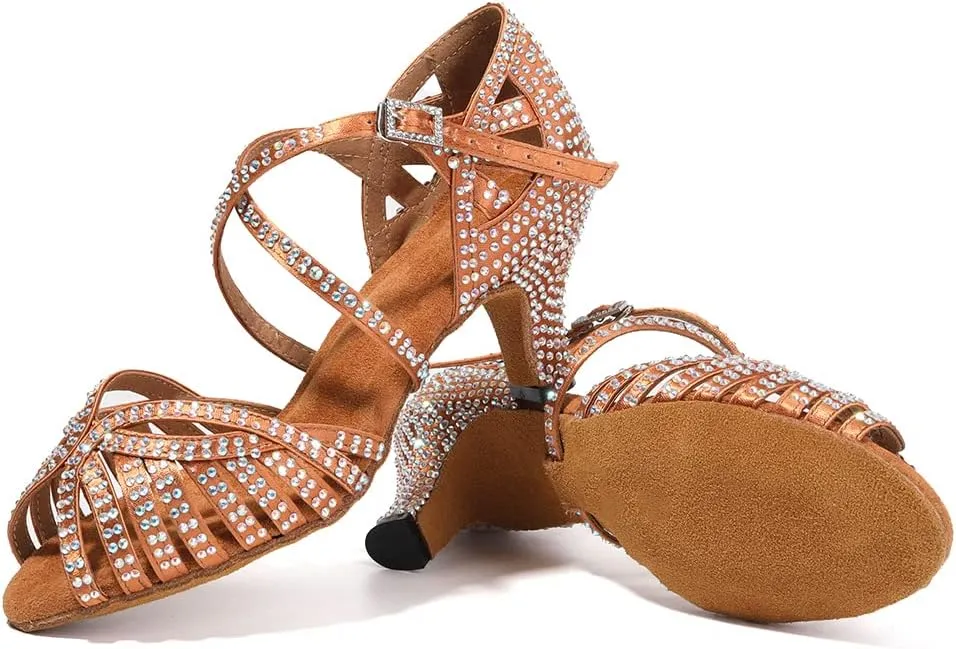 HIPPOSEUS Women Rhinestone Ballroom Dance Shoes Open Toe Latin Salsa Performance Dance Shoes