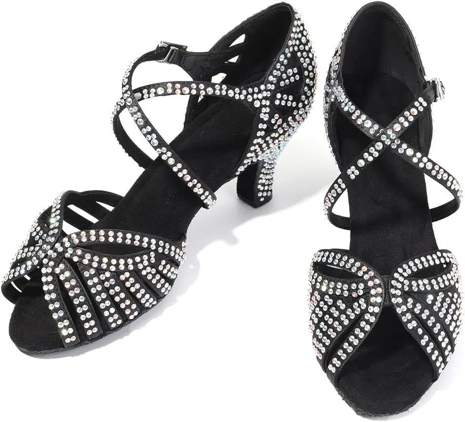 HIPPOSEUS Women Rhinestone Ballroom Dance Shoes Open Toe Latin Salsa Performance Dance Shoes
