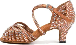 HIPPOSEUS Women Rhinestone Ballroom Dance Shoes Open Toe Latin Salsa Performance Dance Shoes