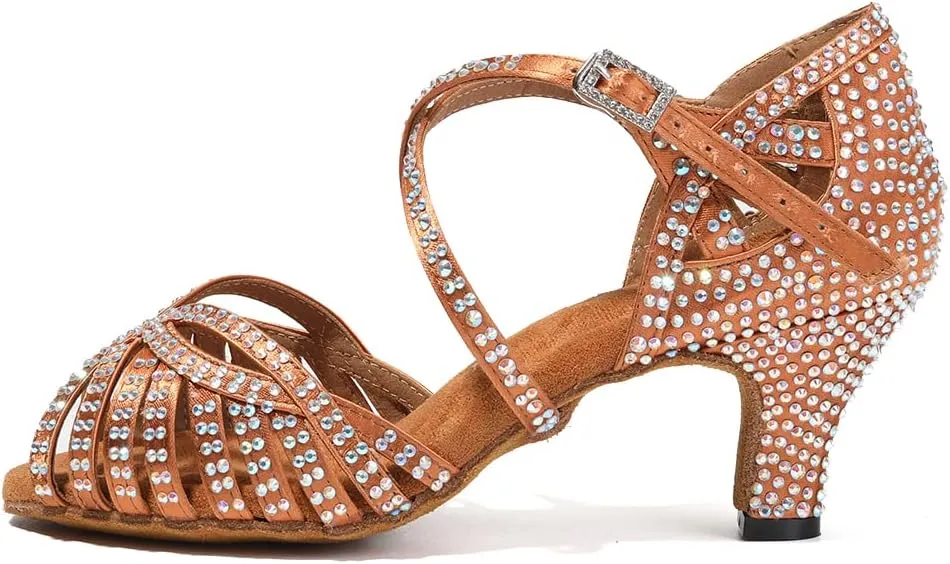 HIPPOSEUS Women Rhinestone Ballroom Dance Shoes Open Toe Latin Salsa Performance Dance Shoes
