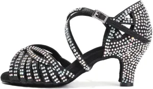 HIPPOSEUS Women Rhinestone Ballroom Dance Shoes Open Toe Latin Salsa Performance Dance Shoes