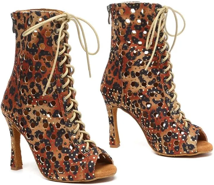 HIPPOSEUS Women's Latin Salsa Dance Booties Hollow Out Ballroom Salsa Dance Heels Peep Toe,Model L574