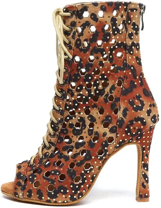 HIPPOSEUS Women's Latin Salsa Dance Booties Hollow Out Ballroom Salsa Dance Heels Peep Toe,Model L574