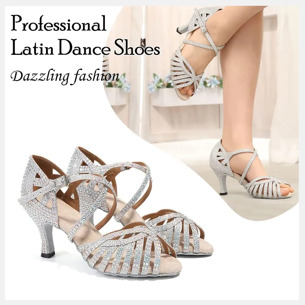 HIPPOSEUS Women's Professional Latin Dance Shoes Rhinestones Ballroom Salsa Bachata Practice Performance Dance Heels Suede Sole