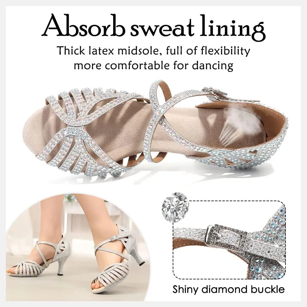 HIPPOSEUS Women's Professional Latin Dance Shoes Rhinestones Ballroom Salsa Bachata Practice Performance Dance Heels Suede Sole