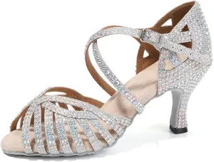 HIPPOSEUS Women's Professional Latin Dance Shoes Rhinestones Ballroom Salsa Bachata Practice Performance Dance Heels Suede Sole