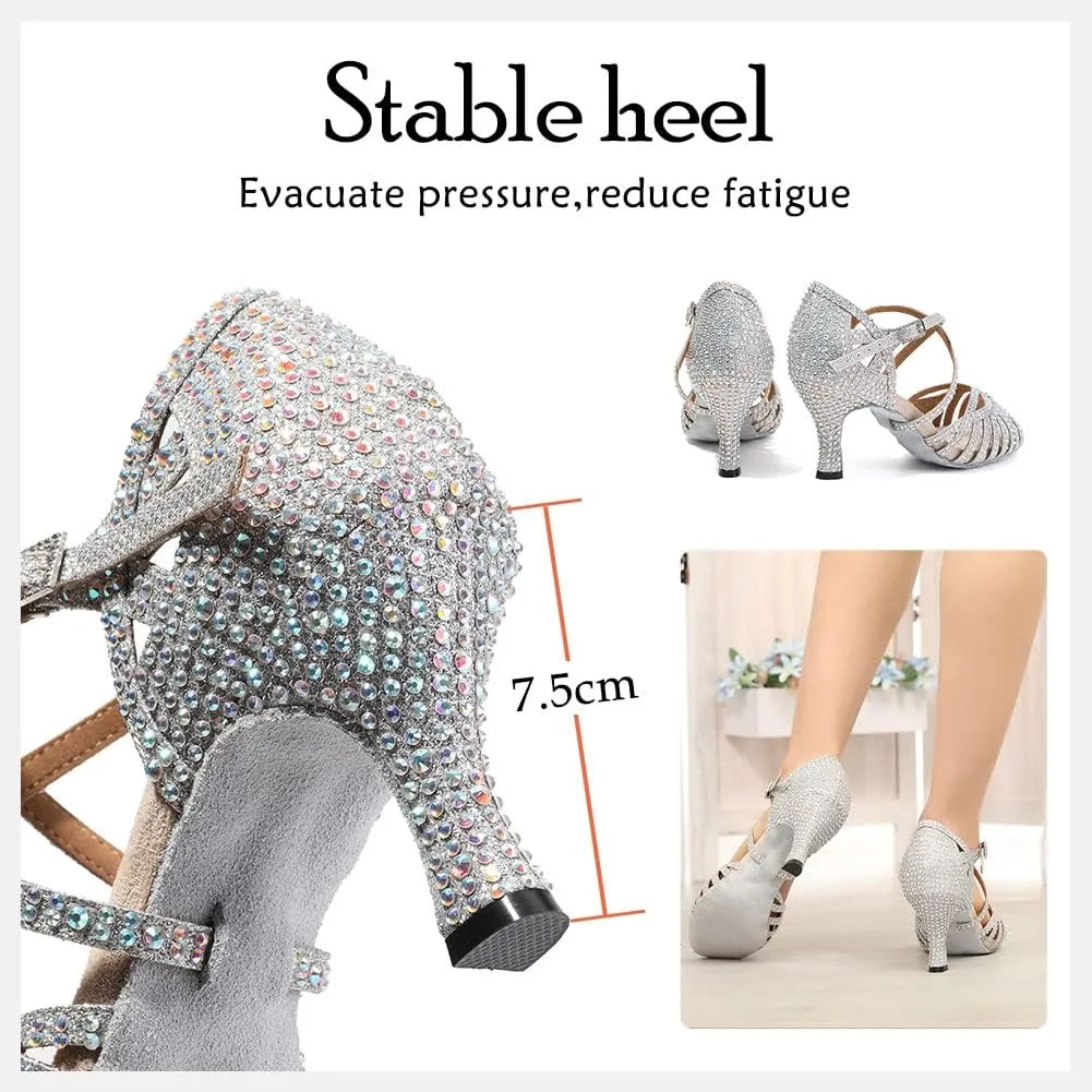HIPPOSEUS Women's Professional Latin Dance Shoes Rhinestones Ballroom Salsa Bachata Practice Performance Dance Heels Suede Sole