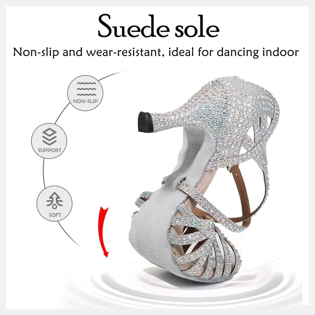 HIPPOSEUS Women's Professional Latin Dance Shoes Rhinestones Ballroom Salsa Bachata Practice Performance Dance Heels Suede Sole