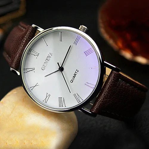 Hot Selling Good Deal Men Roman Numerals Blu-Ray Faux Leather Band Quartz Analog Business Watch