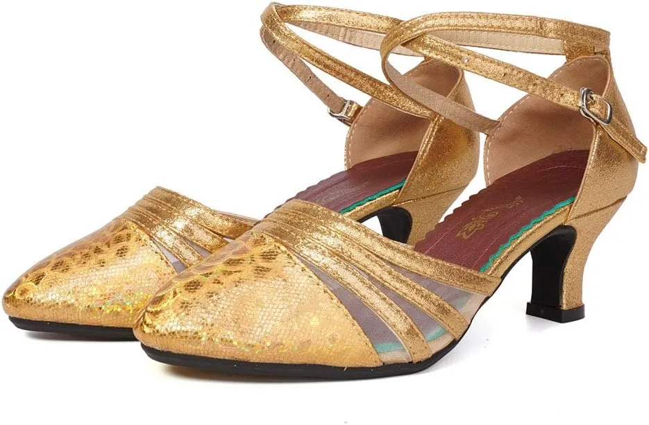 HROYL Women Latin Dance Shoes Closed Toe Salsa Ballroom Practice Heels Party Shoes,Model DYN302