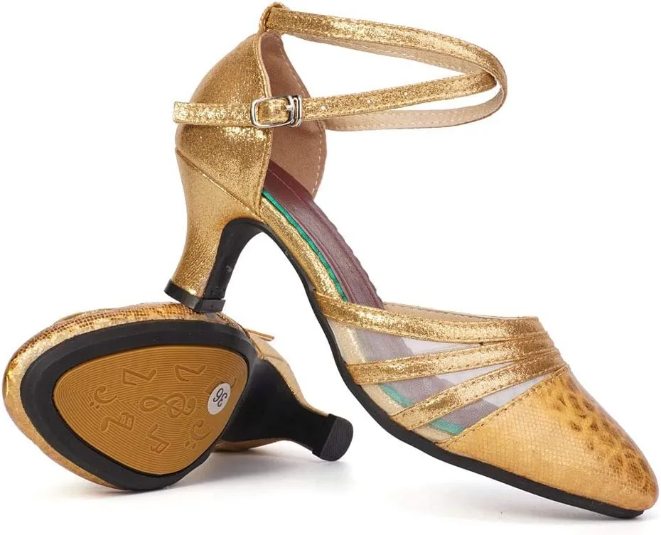 HROYL Women Latin Dance Shoes Closed Toe Salsa Ballroom Practice Heels Party Shoes,Model DYN302