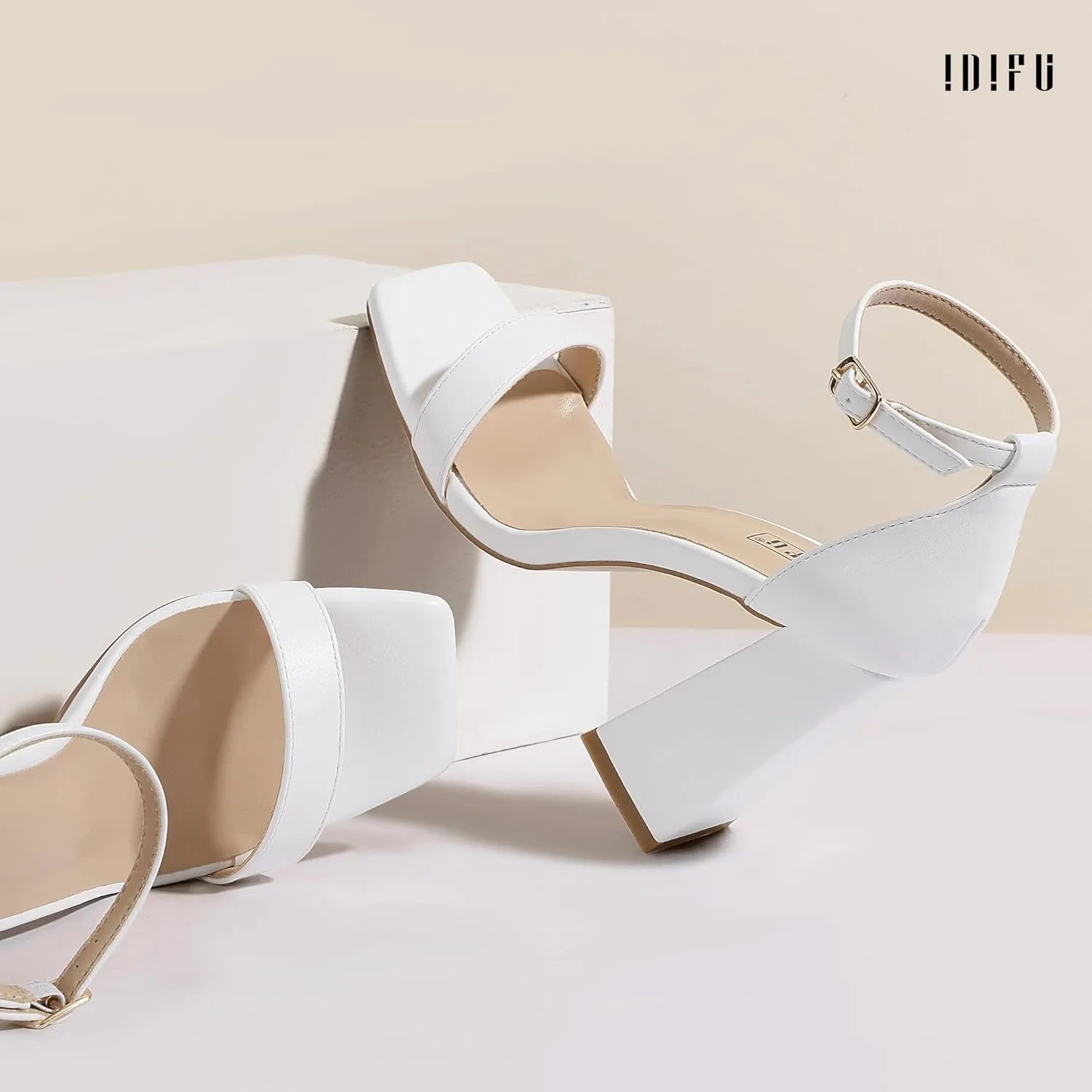 IDIFU IN4 Chunky High Heels for Women Block Thick Square Open Toe Ankle Strap Heeled Sandals Wedding Bride Prom Dance Graduation Dress Shoes Comfortable Sexy Cute Trendy Summer Casual Dressy Heels