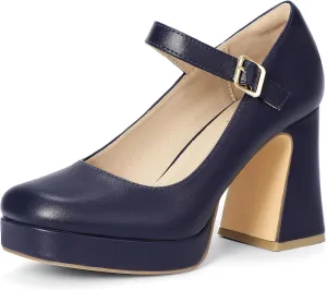 IDIFU IN4 Platform Mary Jane Shoes Women's Pumps High Chunky Square Closed Toe Heels Block Ankle Strap Work Wedding Prom Comfortable Dress Shoe Dressy Cute Trendy Vintage Heel Pump Shoes