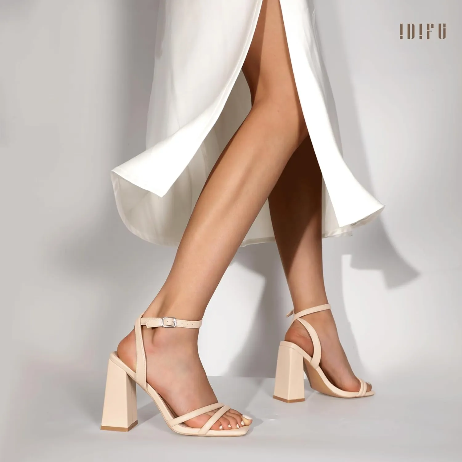IDIFU IN4 Strappy Heels for Women High Chunky Block Heels Square Open Toe Slingback Ankle Strap Dress Shoes Wedding Prom Party Work Heeled Sandals Comfortable Sexy Cute Thick Heels