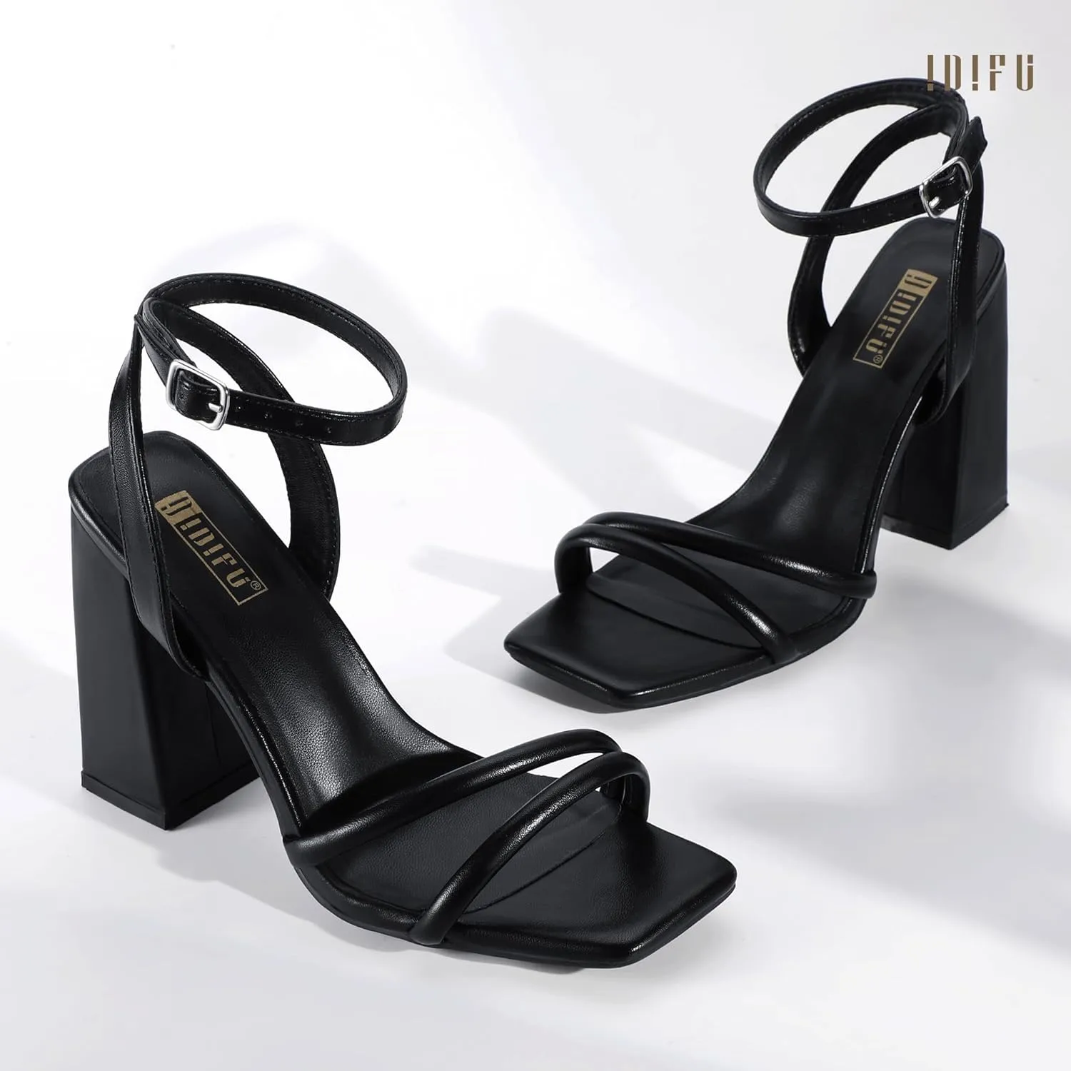 IDIFU IN4 Strappy Heels for Women High Chunky Block Heels Square Open Toe Slingback Ankle Strap Dress Shoes Wedding Prom Party Work Heeled Sandals Comfortable Sexy Cute Thick Heels