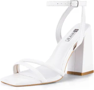 IDIFU IN4 Strappy Heels for Women High Chunky Block Heels Square Open Toe Slingback Ankle Strap Dress Shoes Wedding Prom Party Work Heeled Sandals Comfortable Sexy Cute Thick Heels