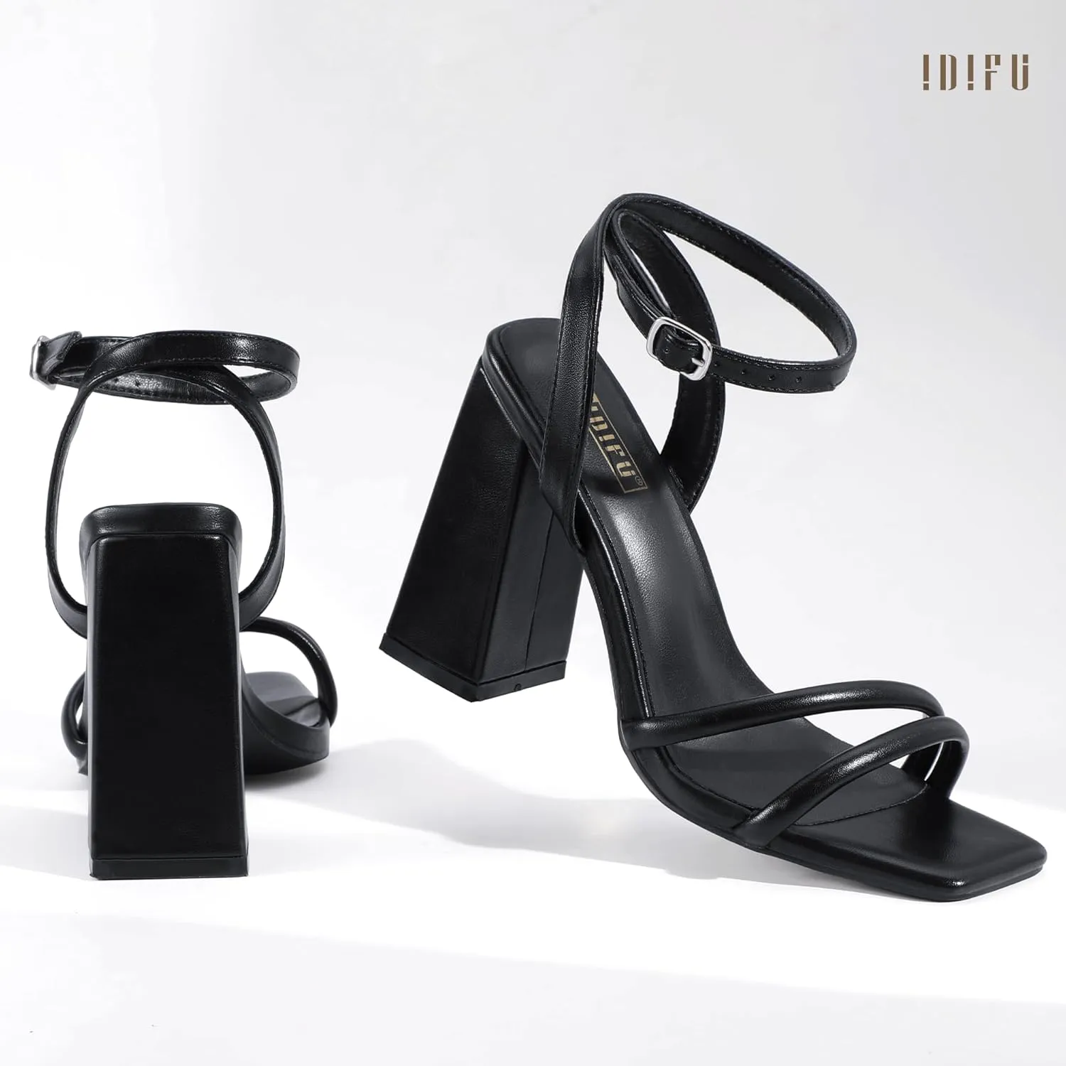 IDIFU IN4 Strappy Heels for Women High Chunky Block Heels Square Open Toe Slingback Ankle Strap Dress Shoes Wedding Prom Party Work Heeled Sandals Comfortable Sexy Cute Thick Heels
