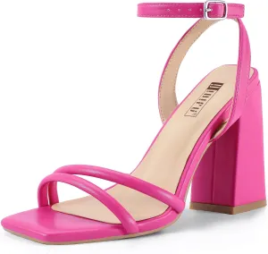 IDIFU IN4 Strappy Heels for Women High Chunky Block Heels Square Open Toe Slingback Ankle Strap Dress Shoes Wedding Prom Party Work Heeled Sandals Comfortable Sexy Cute Thick Heels