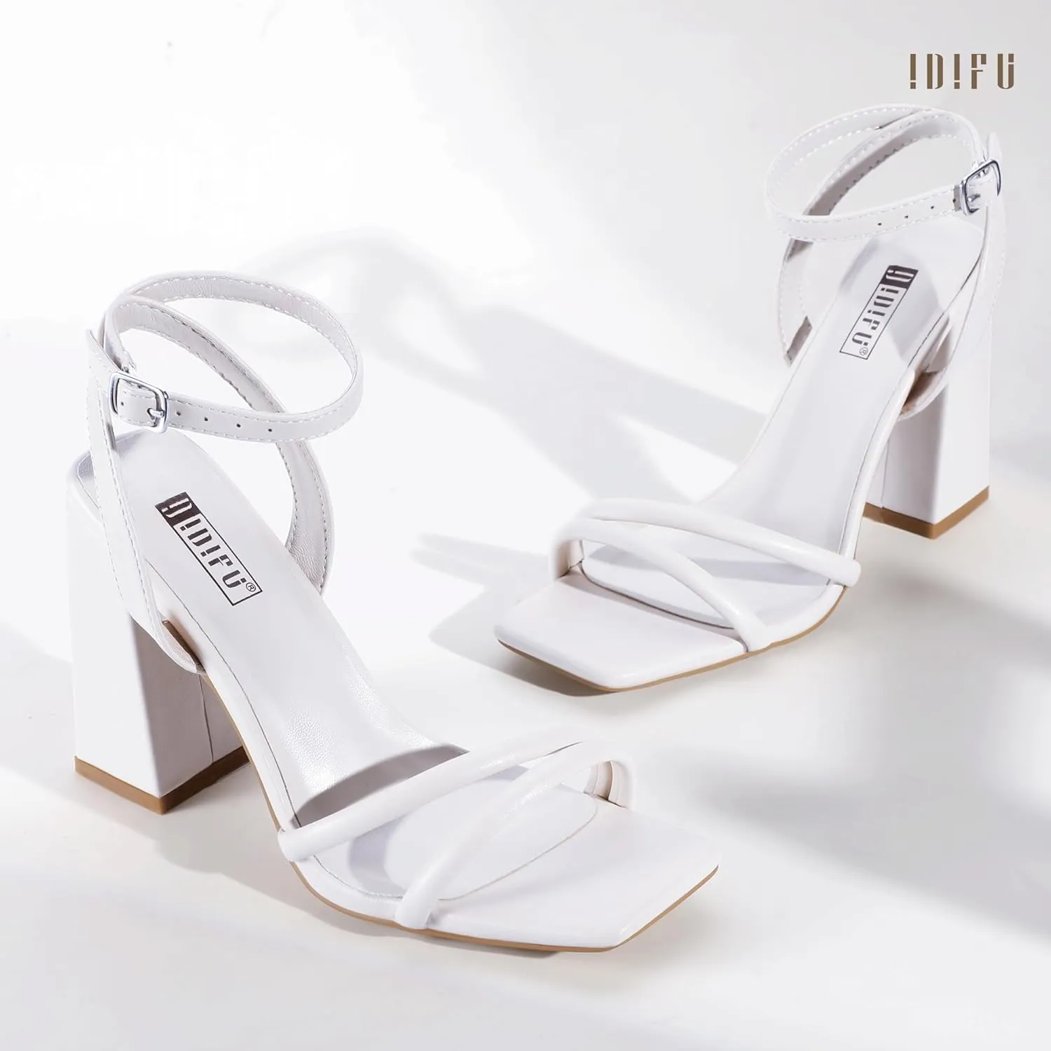 IDIFU IN4 Strappy Heels for Women High Chunky Block Heels Square Open Toe Slingback Ankle Strap Dress Shoes Wedding Prom Party Work Heeled Sandals Comfortable Sexy Cute Thick Heels