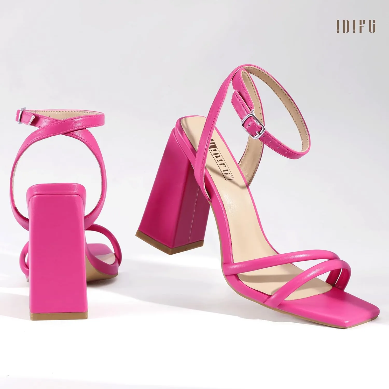 IDIFU IN4 Strappy Heels for Women High Chunky Block Heels Square Open Toe Slingback Ankle Strap Dress Shoes Wedding Prom Party Work Heeled Sandals Comfortable Sexy Cute Thick Heels