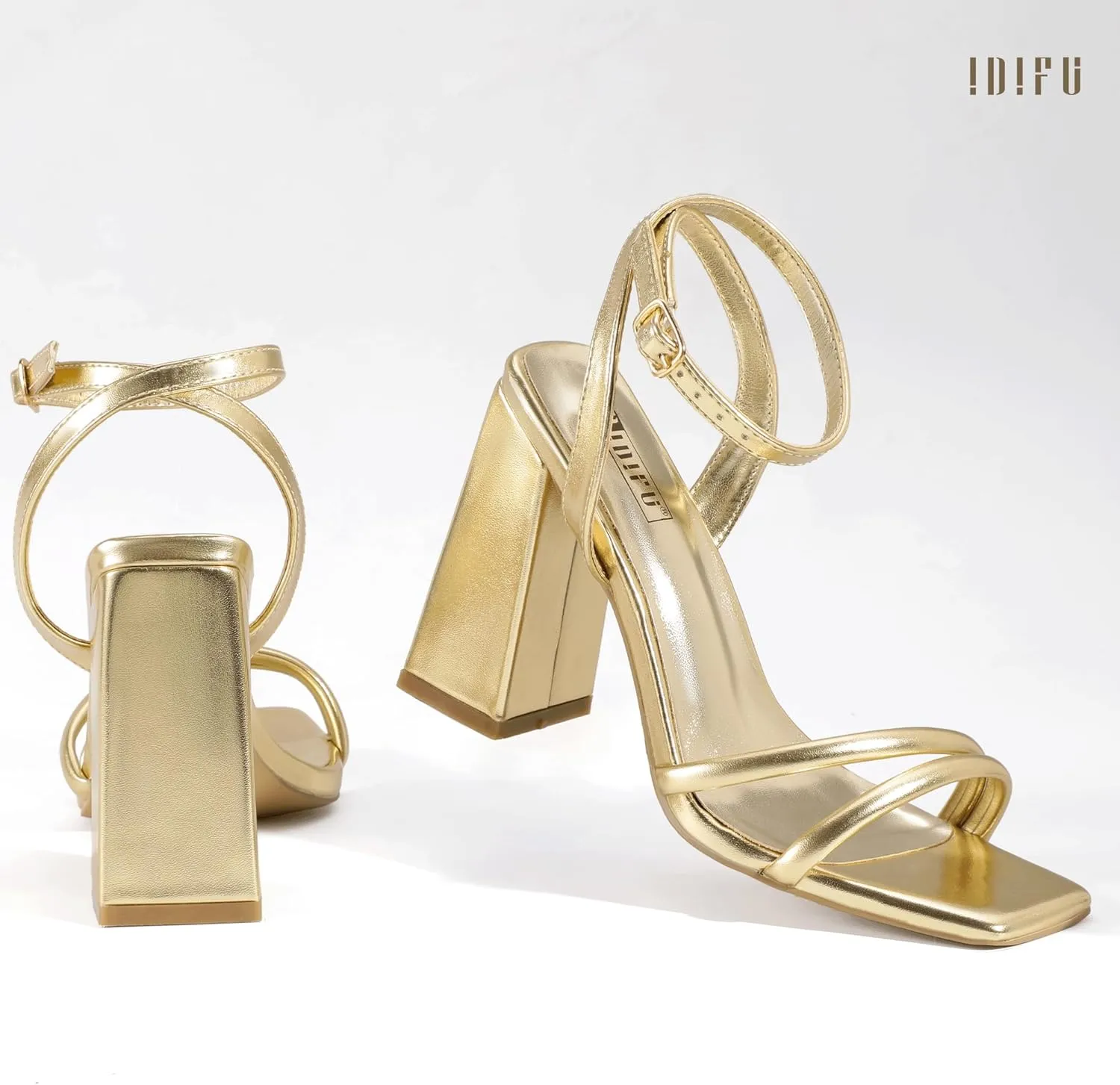 IDIFU IN4 Strappy Heels for Women High Chunky Block Heels Square Open Toe Slingback Ankle Strap Dress Shoes Wedding Prom Party Work Heeled Sandals Comfortable Sexy Cute Thick Heels