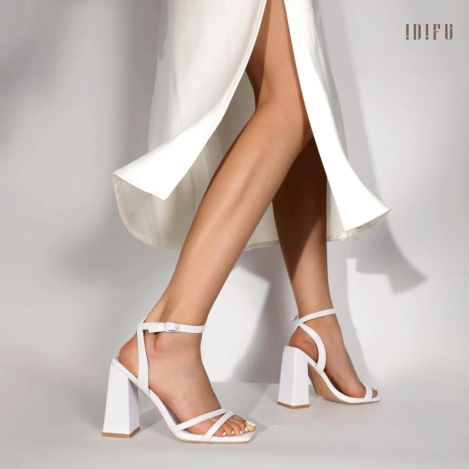 IDIFU IN4 Strappy Heels for Women High Chunky Block Heels Square Open Toe Slingback Ankle Strap Dress Shoes Wedding Prom Party Work Heeled Sandals Comfortable Sexy Cute Thick Heels