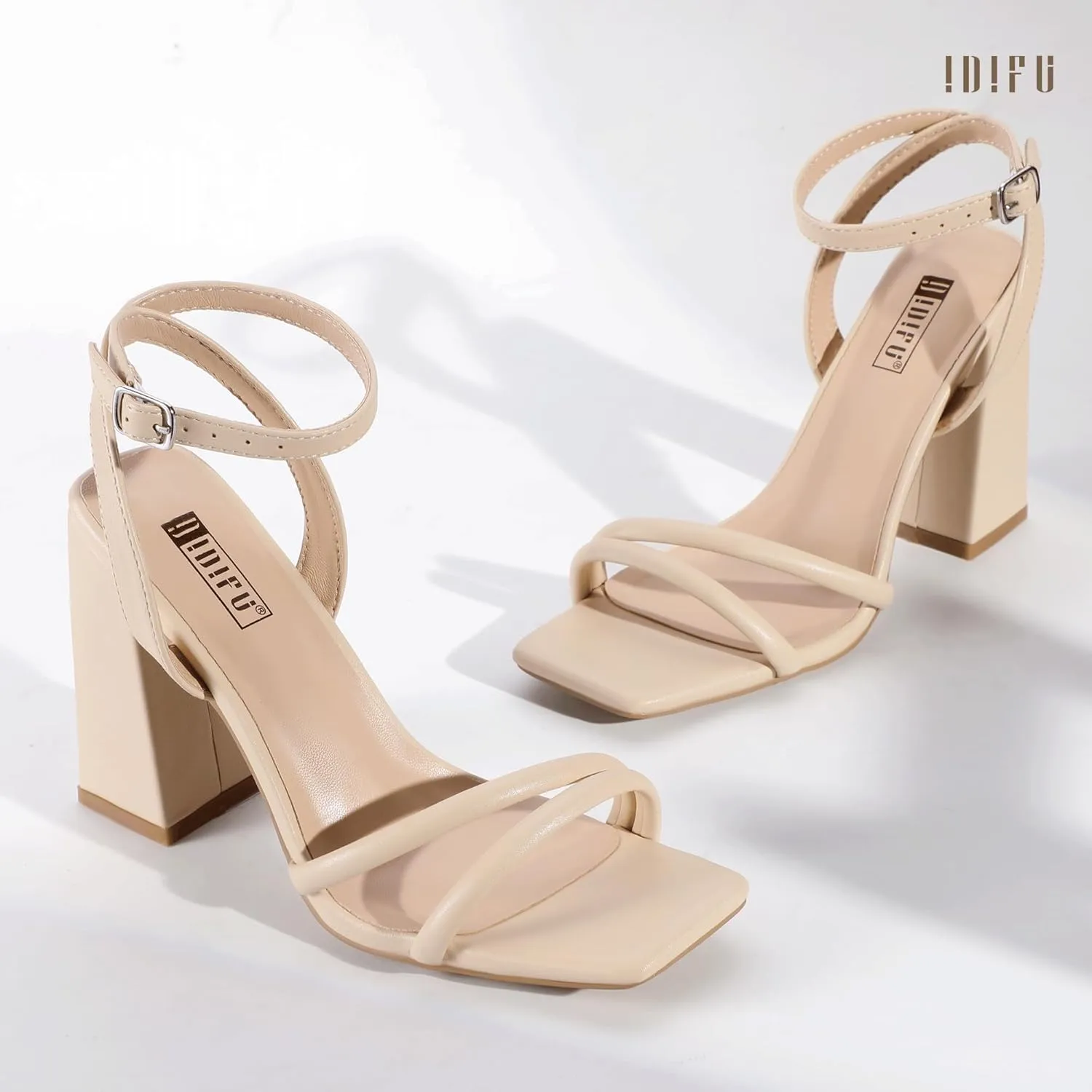 IDIFU IN4 Strappy Heels for Women High Chunky Block Heels Square Open Toe Slingback Ankle Strap Dress Shoes Wedding Prom Party Work Heeled Sandals Comfortable Sexy Cute Thick Heels