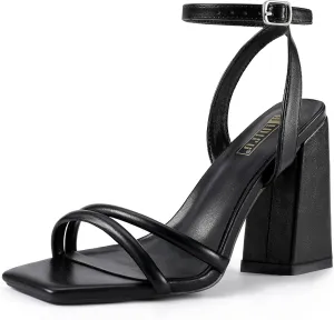 IDIFU IN4 Strappy Heels for Women High Chunky Block Heels Square Open Toe Slingback Ankle Strap Dress Shoes Wedding Prom Party Work Heeled Sandals Comfortable Sexy Cute Thick Heels