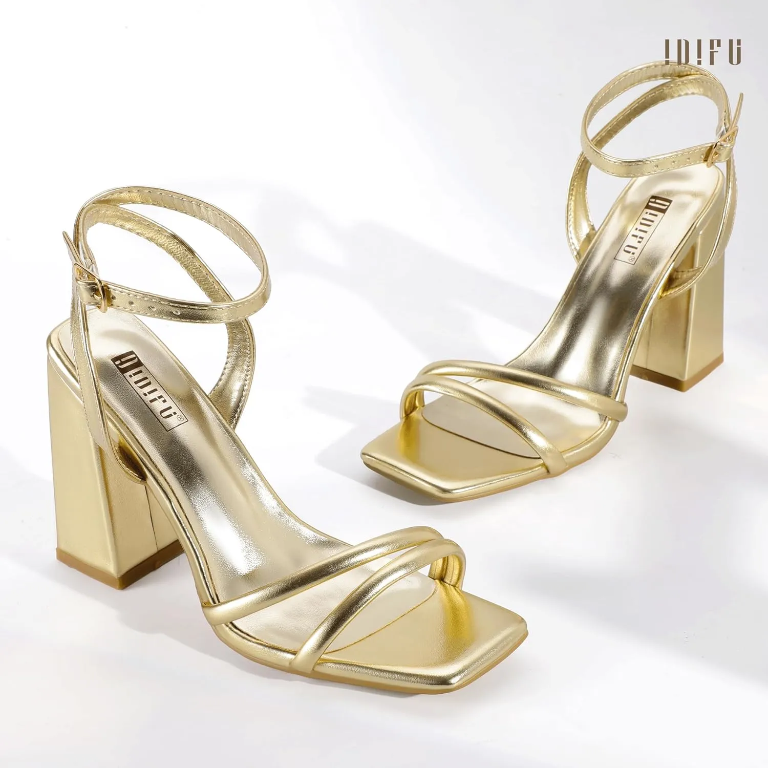 IDIFU IN4 Strappy Heels for Women High Chunky Block Heels Square Open Toe Slingback Ankle Strap Dress Shoes Wedding Prom Party Work Heeled Sandals Comfortable Sexy Cute Thick Heels