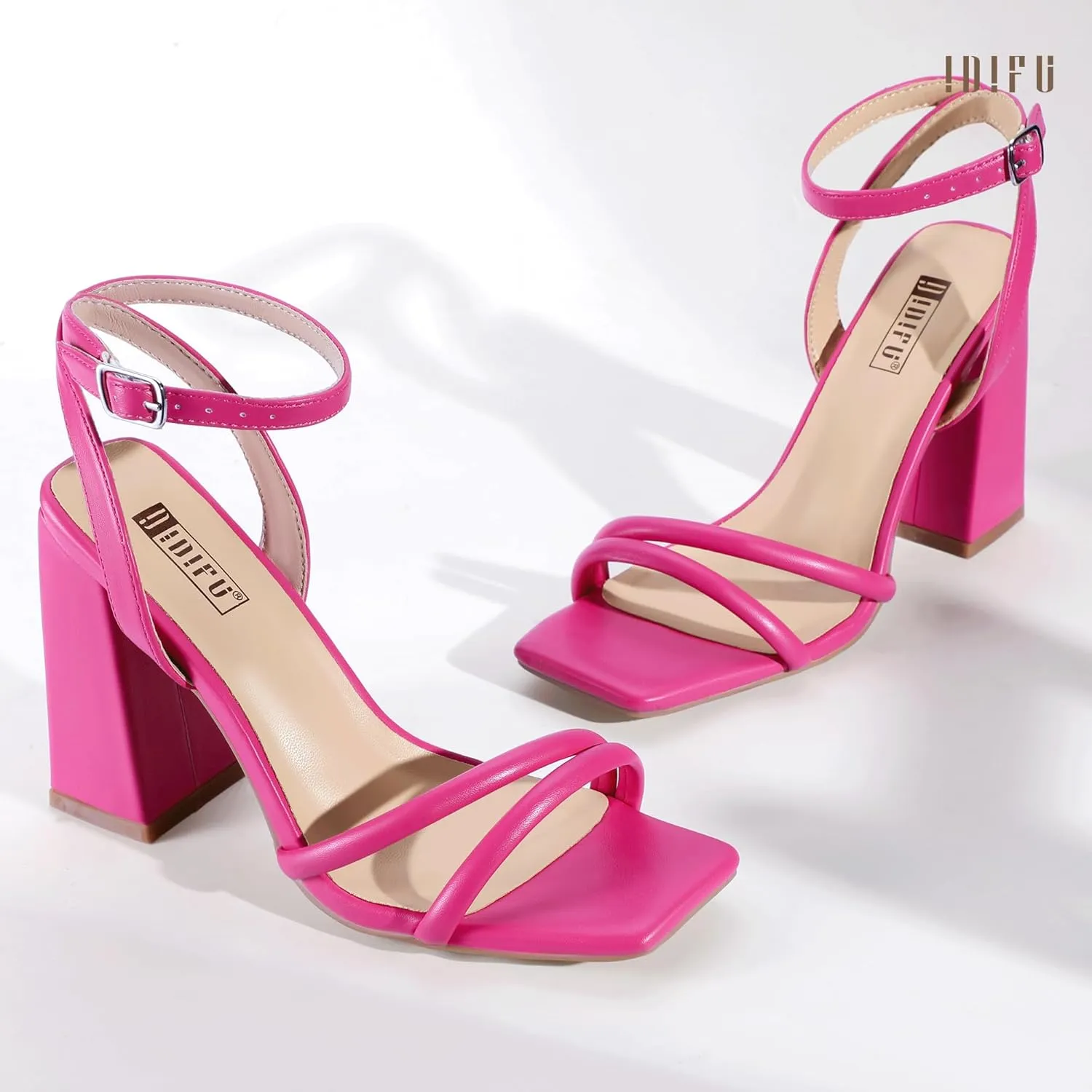 IDIFU IN4 Strappy Heels for Women High Chunky Block Heels Square Open Toe Slingback Ankle Strap Dress Shoes Wedding Prom Party Work Heeled Sandals Comfortable Sexy Cute Thick Heels