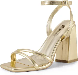 IDIFU IN4 Strappy Heels for Women High Chunky Block Heels Square Open Toe Slingback Ankle Strap Dress Shoes Wedding Prom Party Work Heeled Sandals Comfortable Sexy Cute Thick Heels