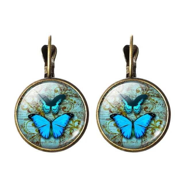 LIEBE ENGEL Hot Sale Vintage Butterfly Picture Glass Cabochon Earrings For Women Jewelry Christmas Gifts Stud Earring