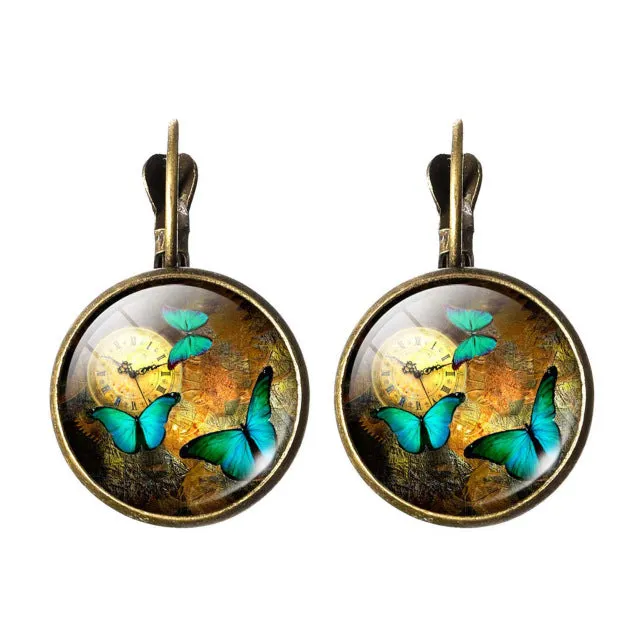LIEBE ENGEL Hot Sale Vintage Butterfly Picture Glass Cabochon Earrings For Women Jewelry Christmas Gifts Stud Earring