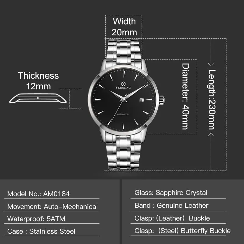 Men's Business Watch 40mm 5Bar Mechanical Watch Simple Sapphire  Ultra Thin Mechanical Watch