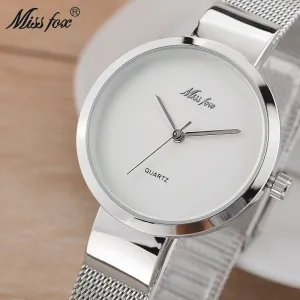 Miss Fox Silver Minimalist Watch Steel Slim Simple Style Ultra Thin Watch Waterproof