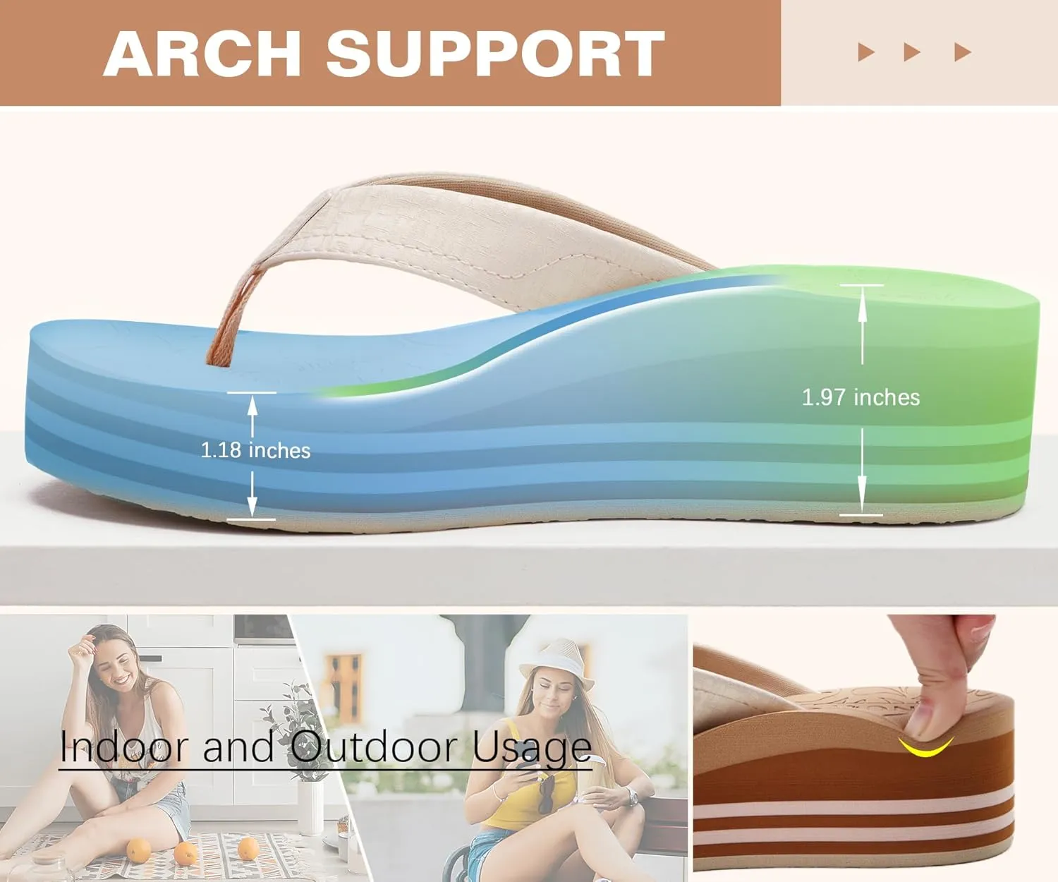 ONCAI Womens Platform Flip Flops Trendy Dressy Womans Summer Sandals with Comfortable Flatform Arch Support Walking Outdoor Rubber Soles (US Size 5-11)