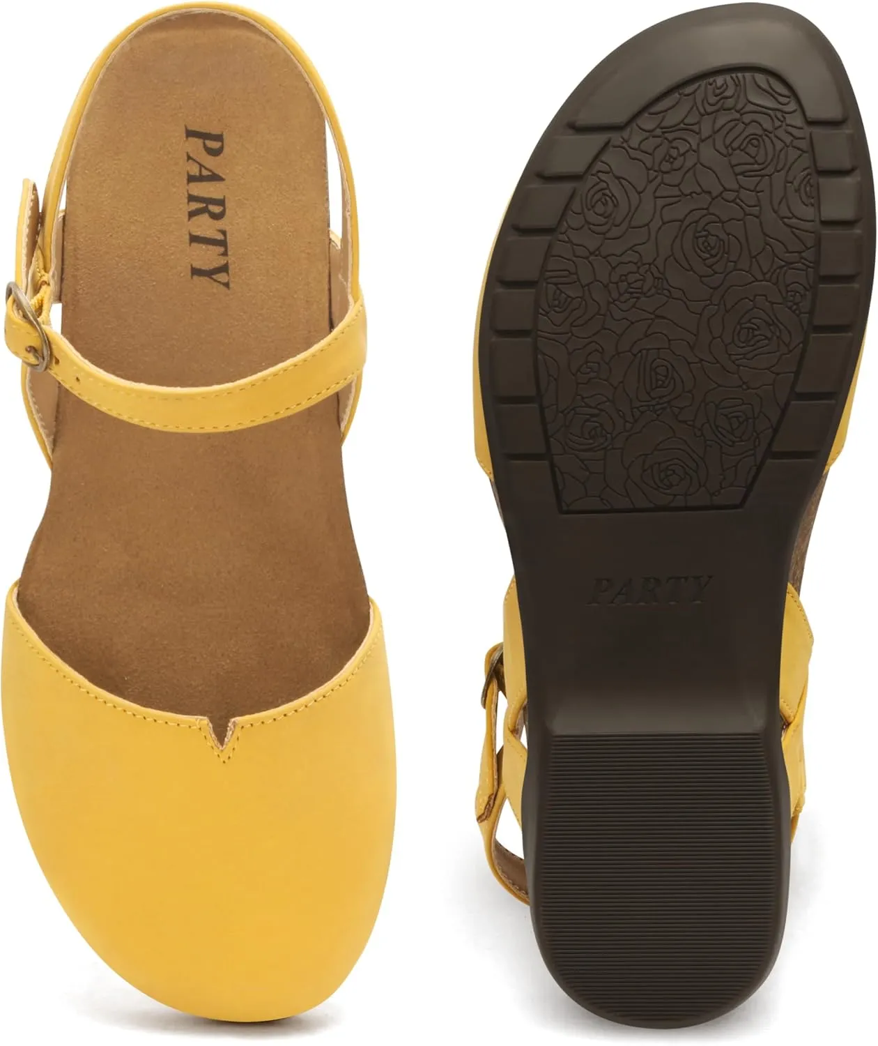 PARTY Closed Toe Sandals Women, Barefoot Arch Support Flat Sandals for Office Work and Travel with Comfortable Cork Footbed
