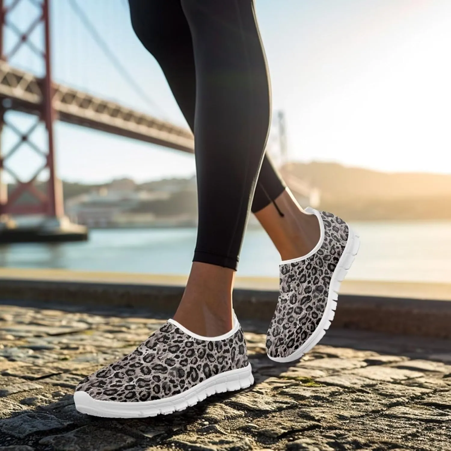 Pop Leopard Print Slip on Shoes Women Low Top Casual Mesh Shoes with Arch Support Insole Business Work Outdoor Sneaker