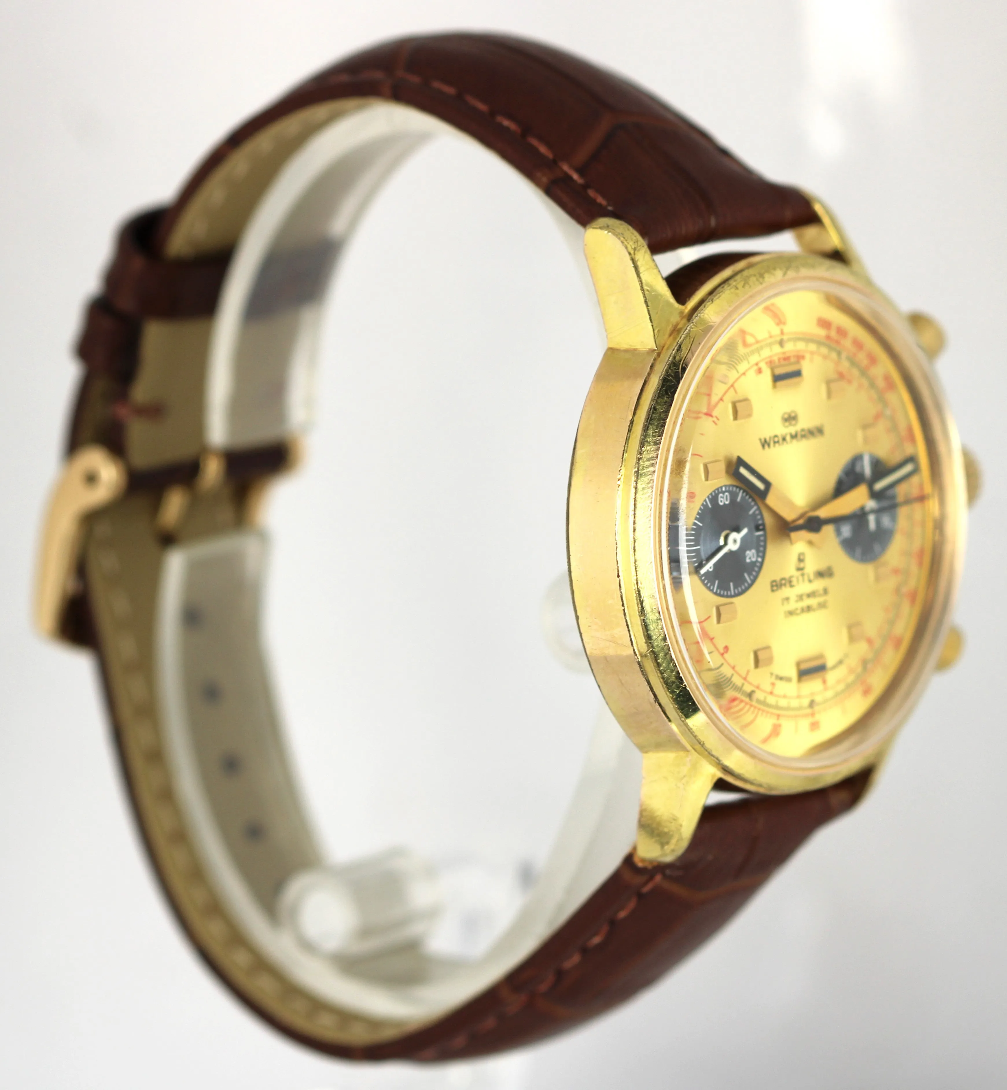 Rare Vintage WAKMANN BREITLING Signed Chronograph Incabloc Champagne 38mm Watch