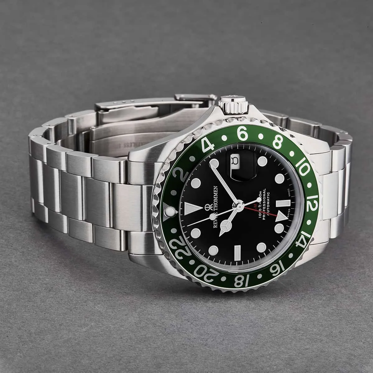 Revue Thommen Men's 17572.2134 'Diver' Black Dial Green Bezel GMT Professional Automatic Watch
