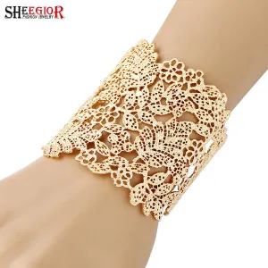 SHEEGIOR Love Wide Hollow Big Bangles Bracelets for Women Silver/Gold Open Bangle Flower Love Cuff Bracelet Mens Fashion Jewelry