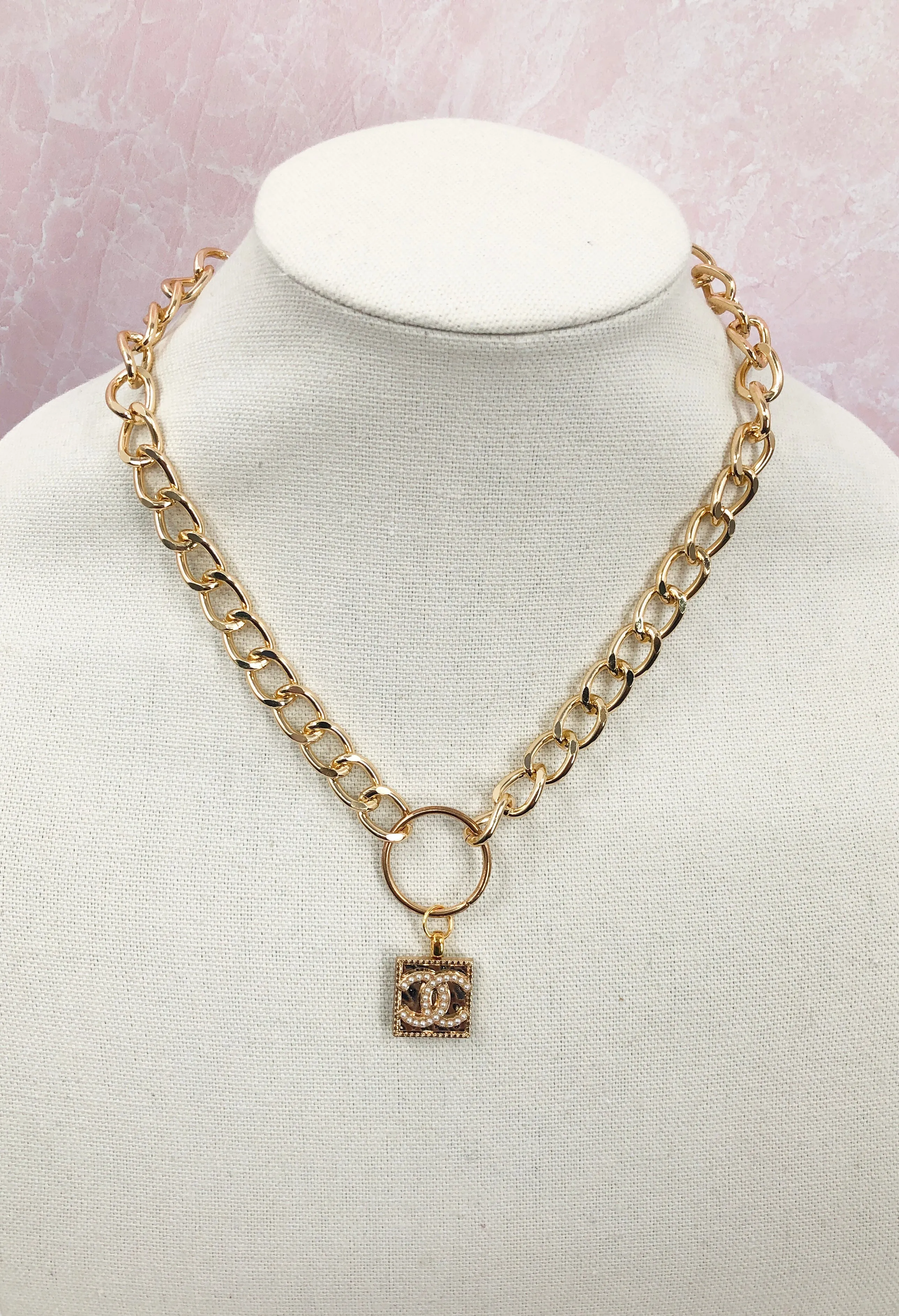 Shelly Square Gold and Pearl Vintage Coco Chanel Button Necklace - Modern Vintage Creations