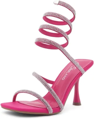 Shoe Land Charming2 Women's Rhinestone Heels, Square Open Toe High Stilettos with Spiral Ankle Wrap Strap  Coil Spiral High Heeled Crystal Dress Sandals for Party