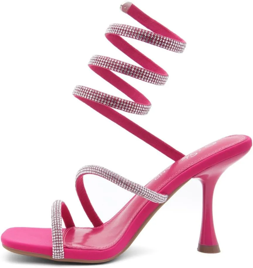 Shoe Land Charming2 Women's Rhinestone Heels, Square Open Toe High Stilettos with Spiral Ankle Wrap Strap  Coil Spiral High Heeled Crystal Dress Sandals for Party