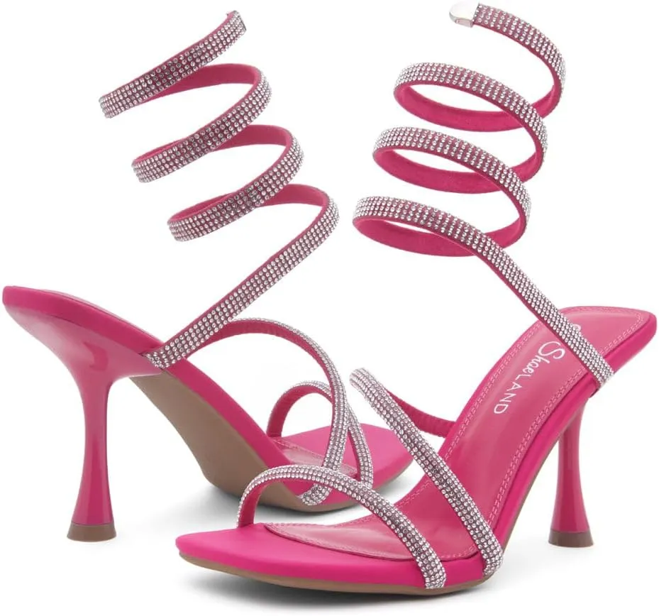 Shoe Land Charming2 Women's Rhinestone Heels, Square Open Toe High Stilettos with Spiral Ankle Wrap Strap  Coil Spiral High Heeled Crystal Dress Sandals for Party