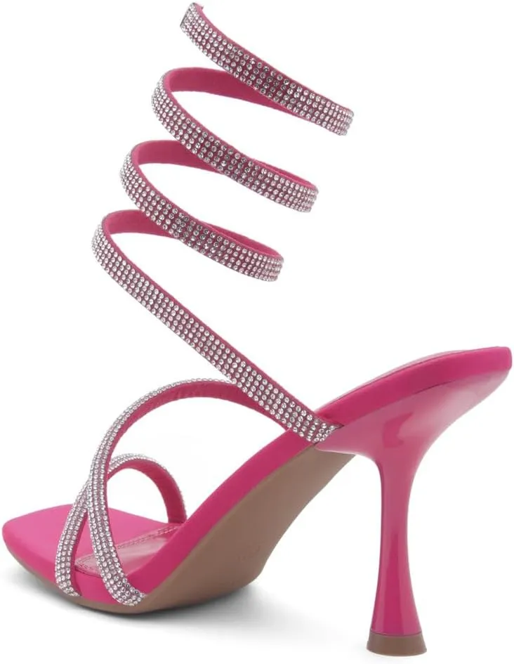 Shoe Land Charming2 Women's Rhinestone Heels, Square Open Toe High Stilettos with Spiral Ankle Wrap Strap  Coil Spiral High Heeled Crystal Dress Sandals for Party