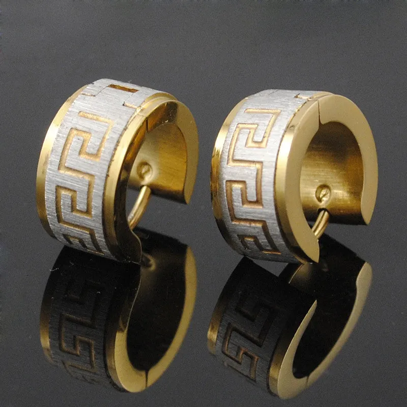 Stainless Steel Earrings Stud pendientes brincos jewelry Round Greek Key Women or Men Earrings Punk Rock